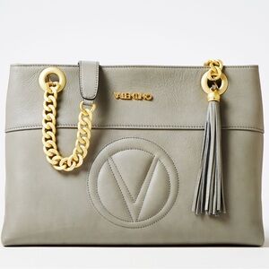 Valentino Grey Leather‎ Shoulder Bag with Gold Accents